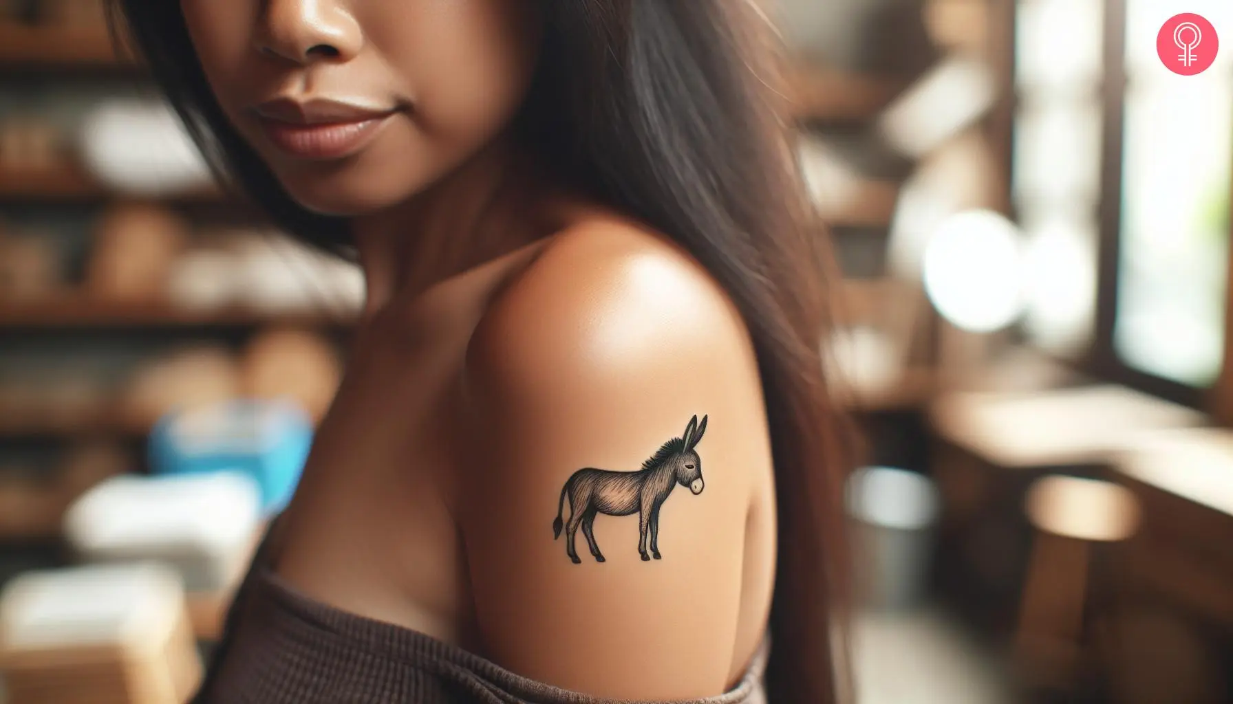 A woman with a minimalist, black donkey tattoo on her upper arm