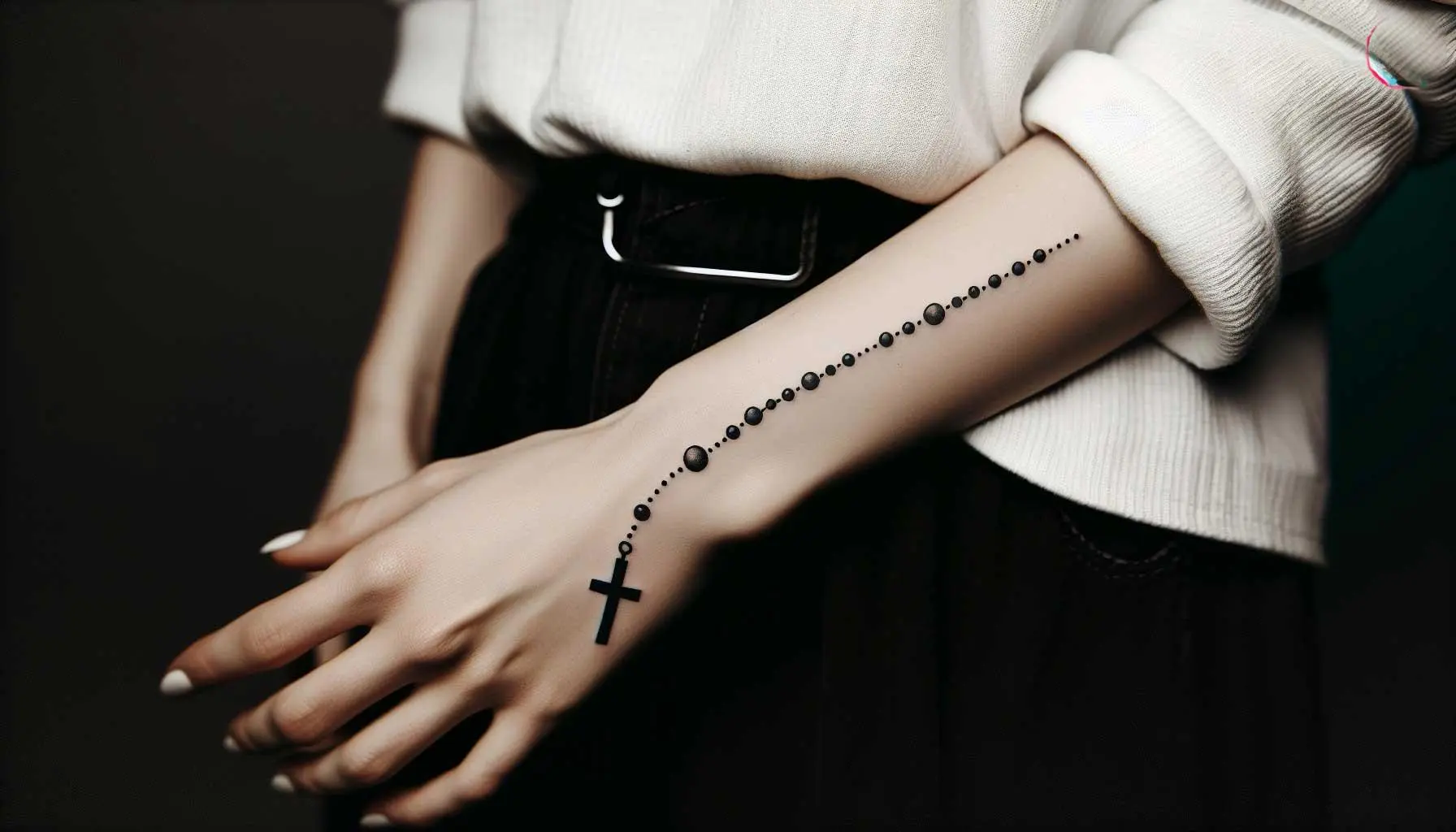 A woman with a minimalist black rosary beads tattoo on her forearm