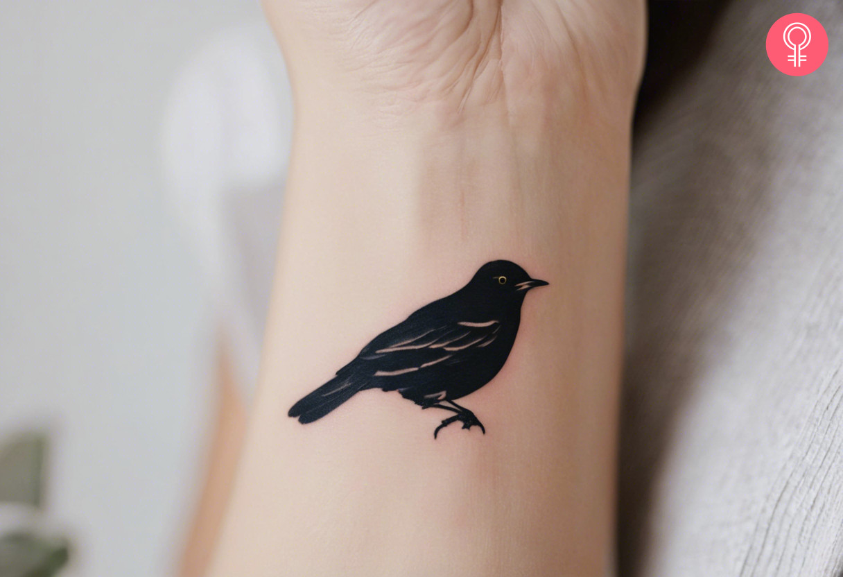 A woman with a minimalist blackbird tattoo on her wrist