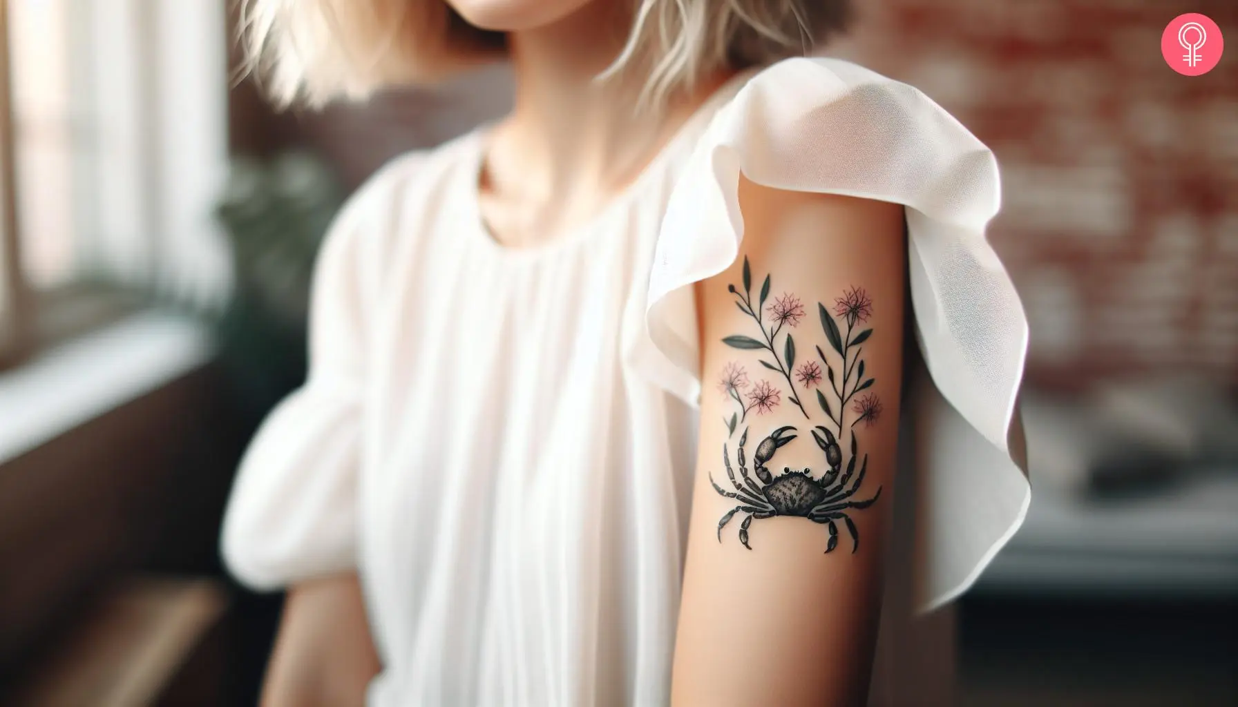 A woman with a minimalist crab and subtle flowers tattoo on her upper arm