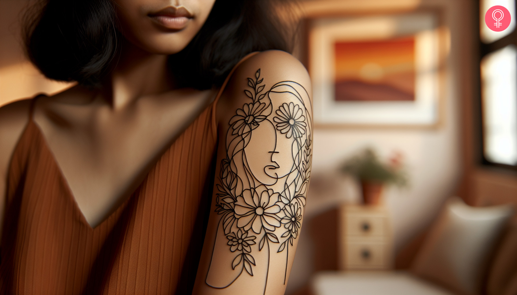 A woman with a minimalist girl and flower head tattoo