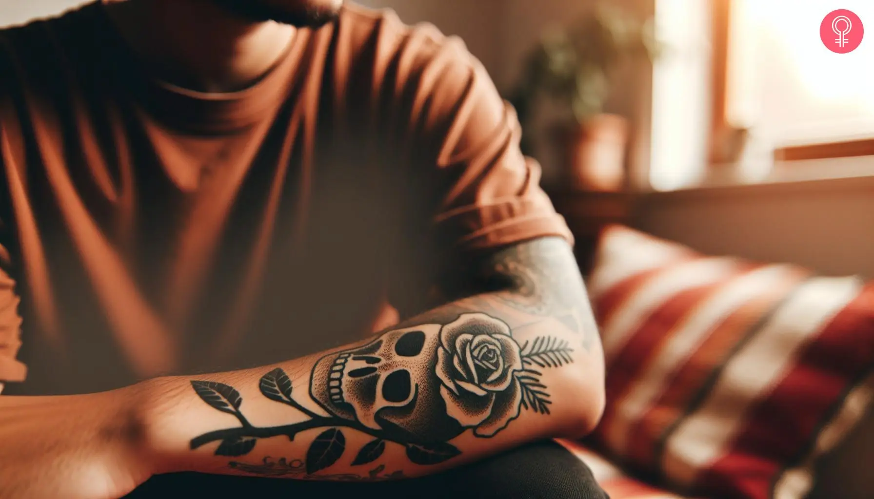  A woman with a minimalist goth tattoo with skull and rose