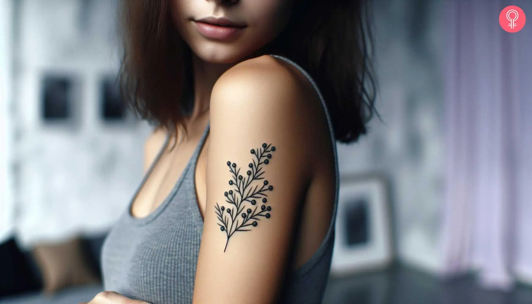 A woman with a minimalist juniper branch and berries tattoo on her upper arm