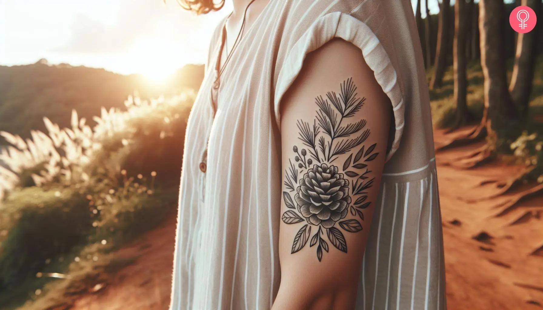 A woman with a minimalist pine cone tattoo on the upper arm