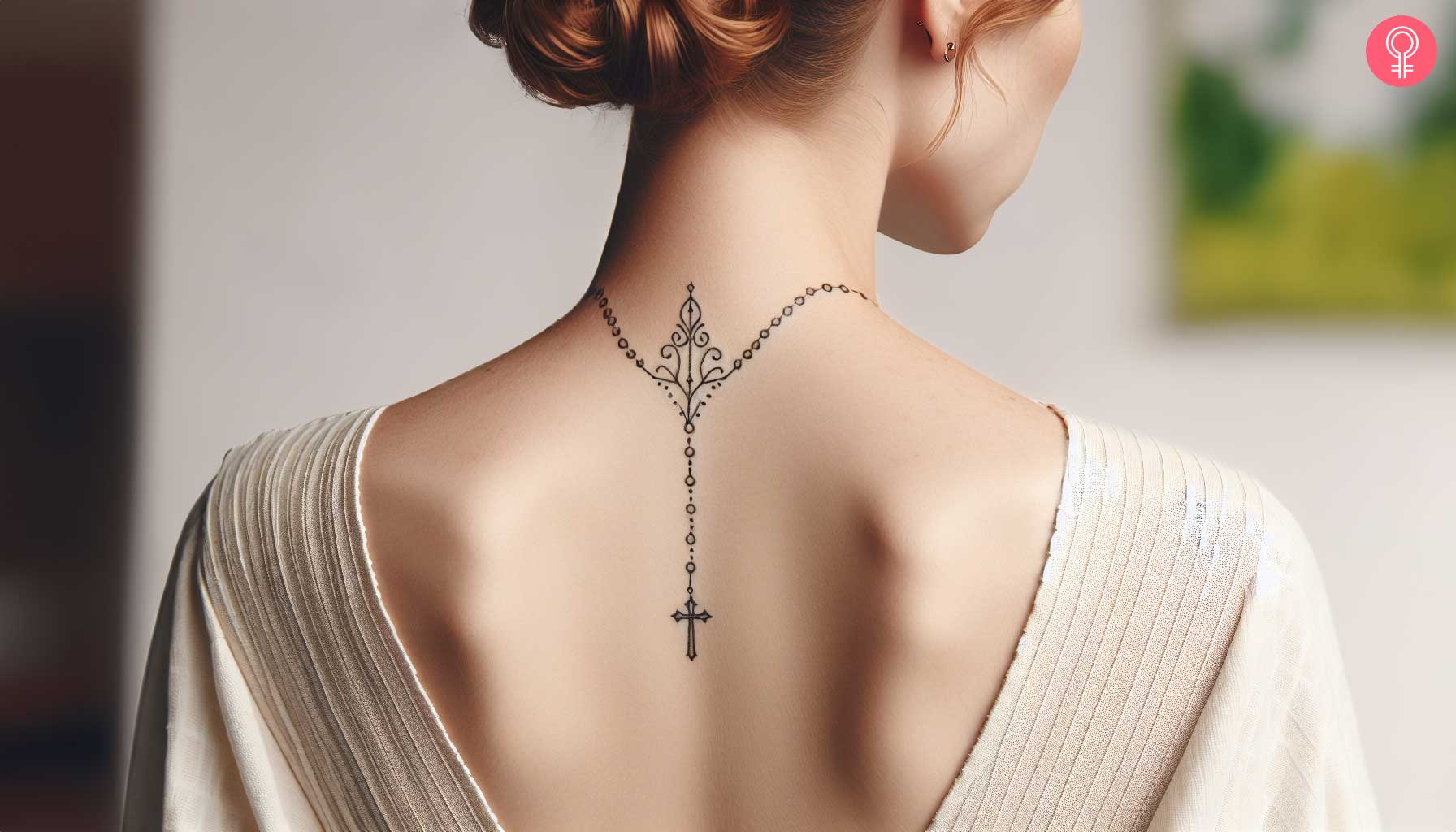 A woman with a minimalist rosary beads tattoo on her upper back