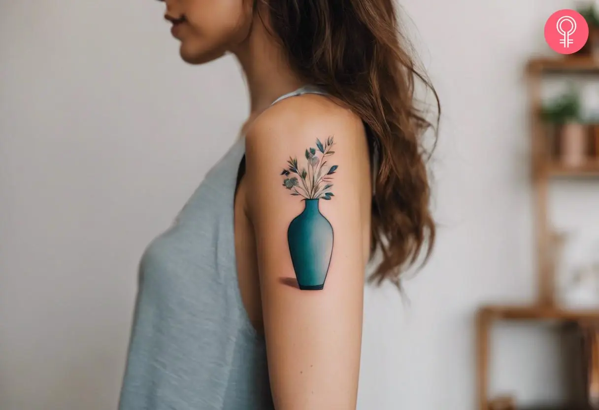 A woman with a minimalist vase tattoo on her upper arm