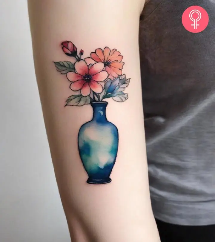 A woman with a minimalist vase tattoo on her upper arm