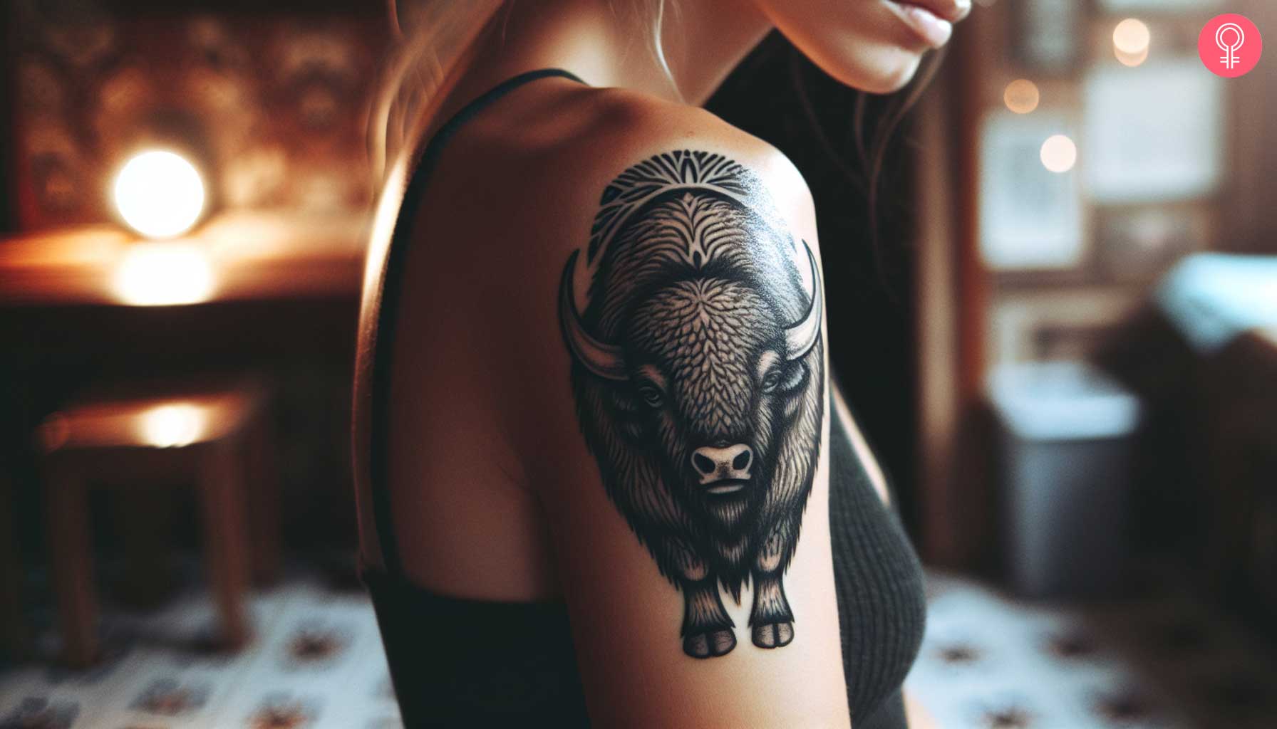 A woman with a native buffalo tattoo on her upper arm