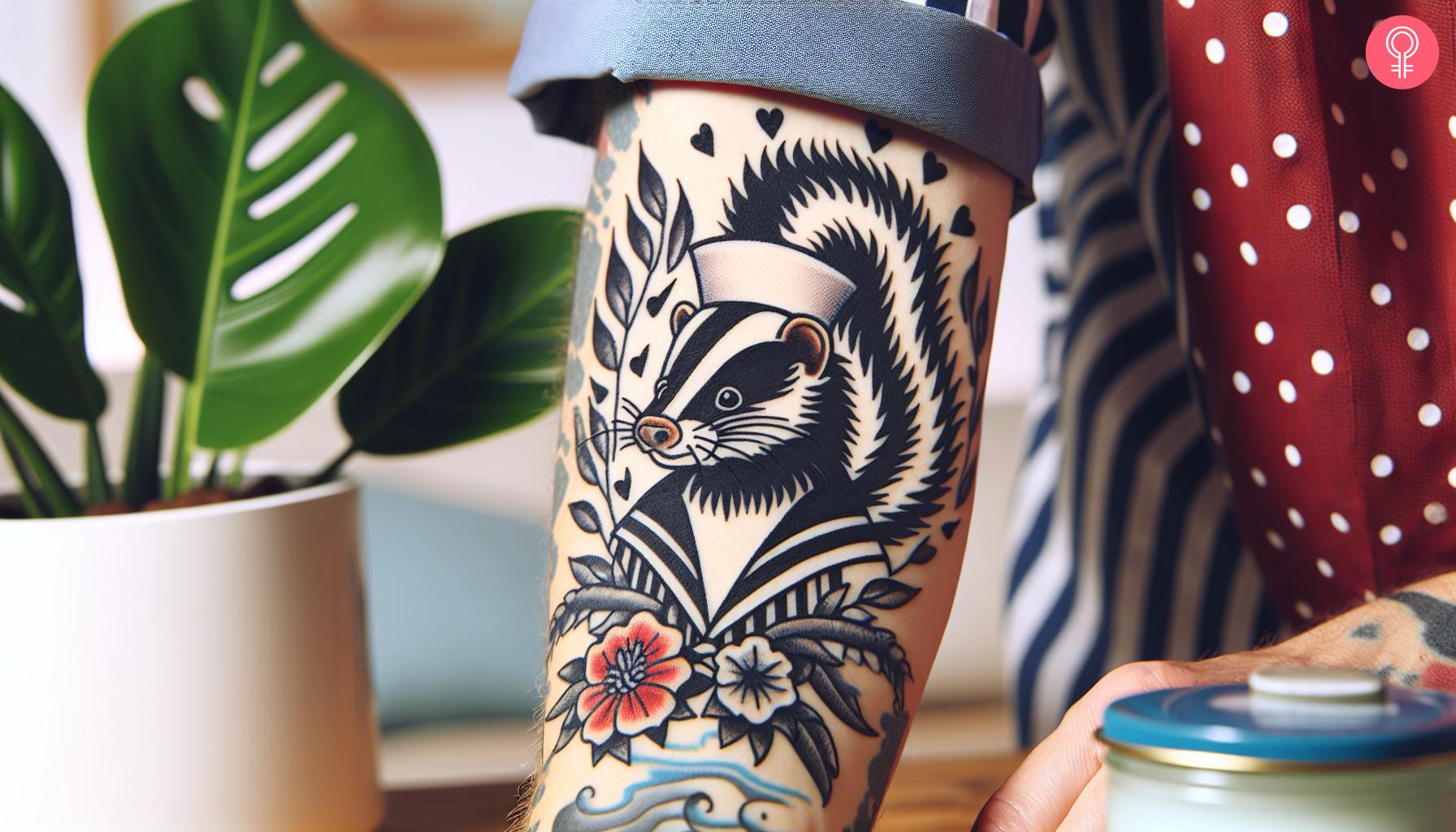 A woman with a navy skunk tattoo on her arm