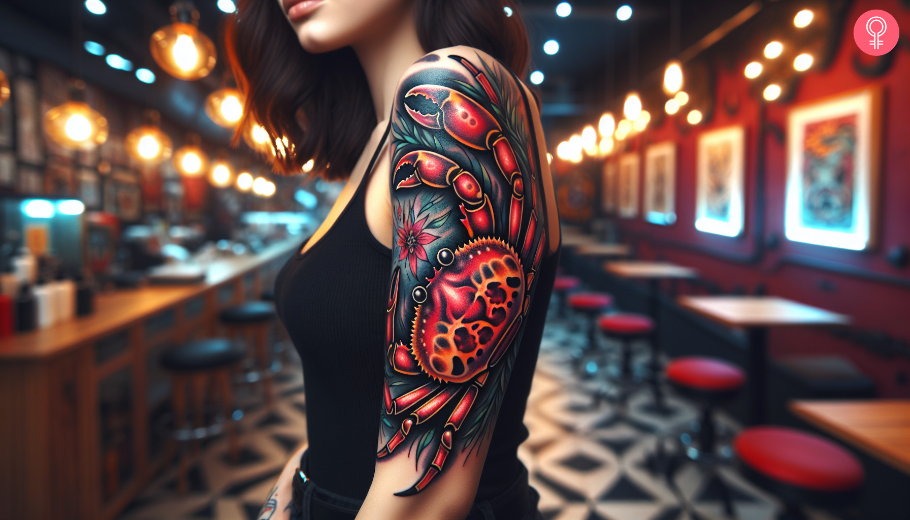 A woman with a neo-traditional style crab tattoo on her upper arm