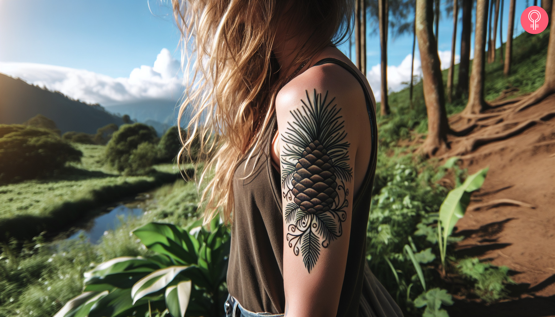 A woman with a pine cone tattoo in brown and green on the upper arm