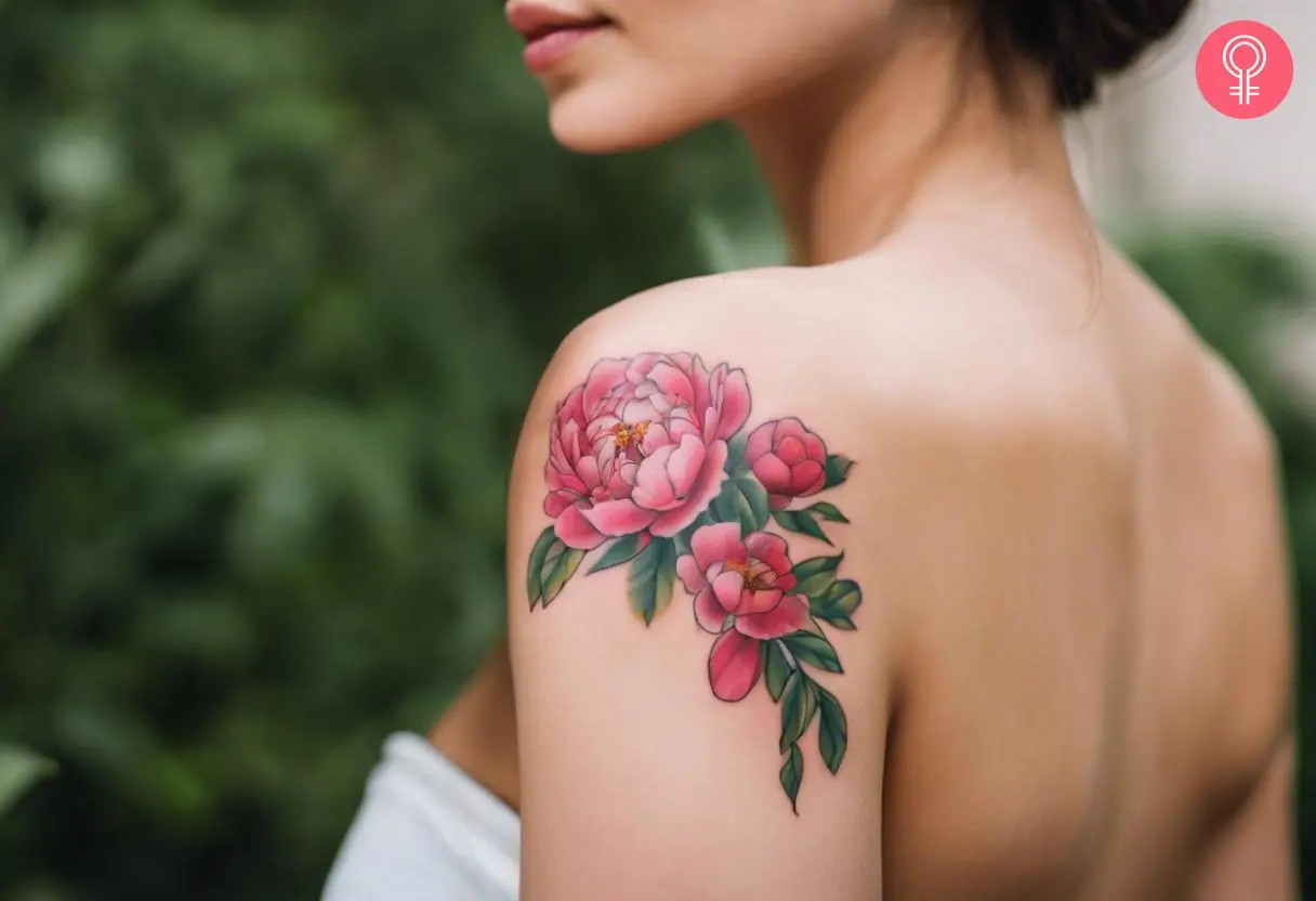 A woman with a pink peonies shoulder cap tattoo