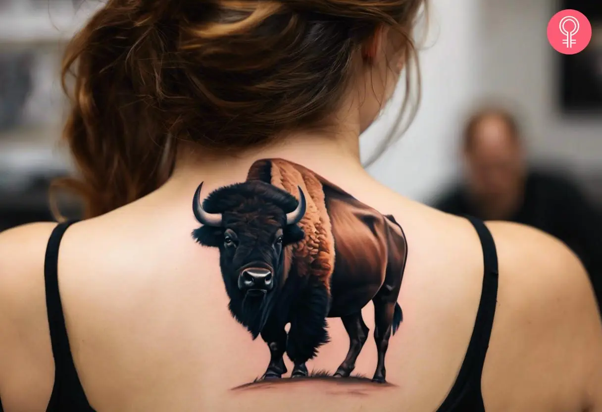 A woman with a realistic bison tattoo on her upper back