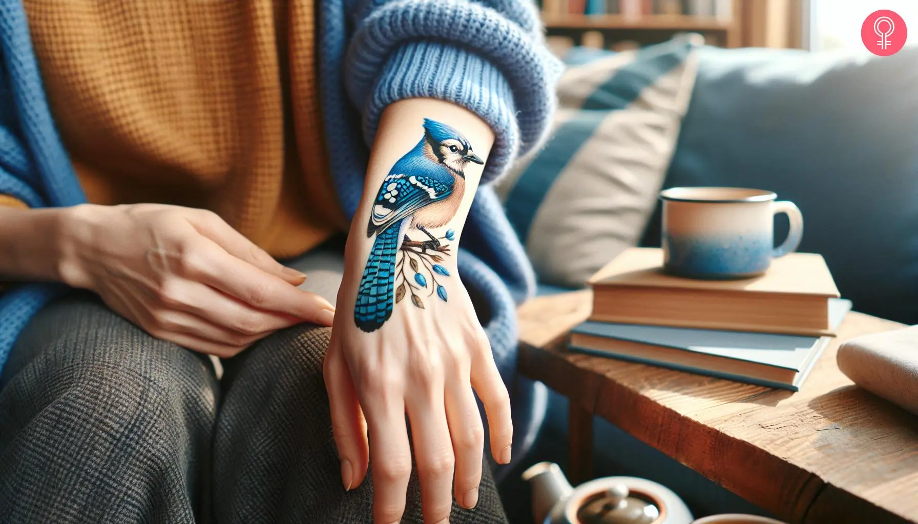 A woman with a realistic blue jay tattoo sitting on a branch on her wrist