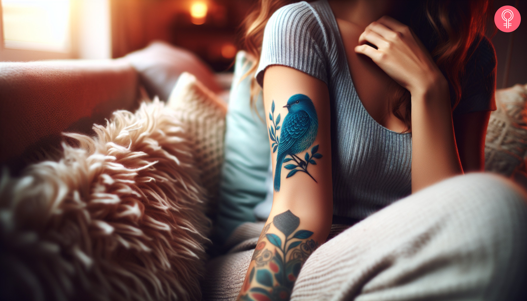 A woman with a realistic bluebird tattoo sitting on a branch on her upper arm