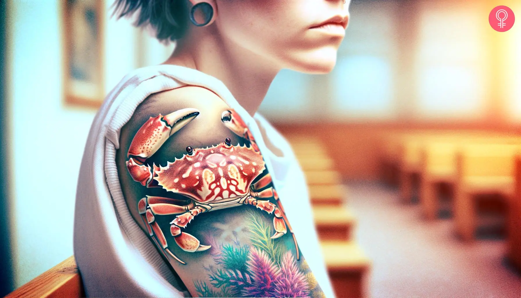 A woman with a realistic crab tattoo on her upper arm