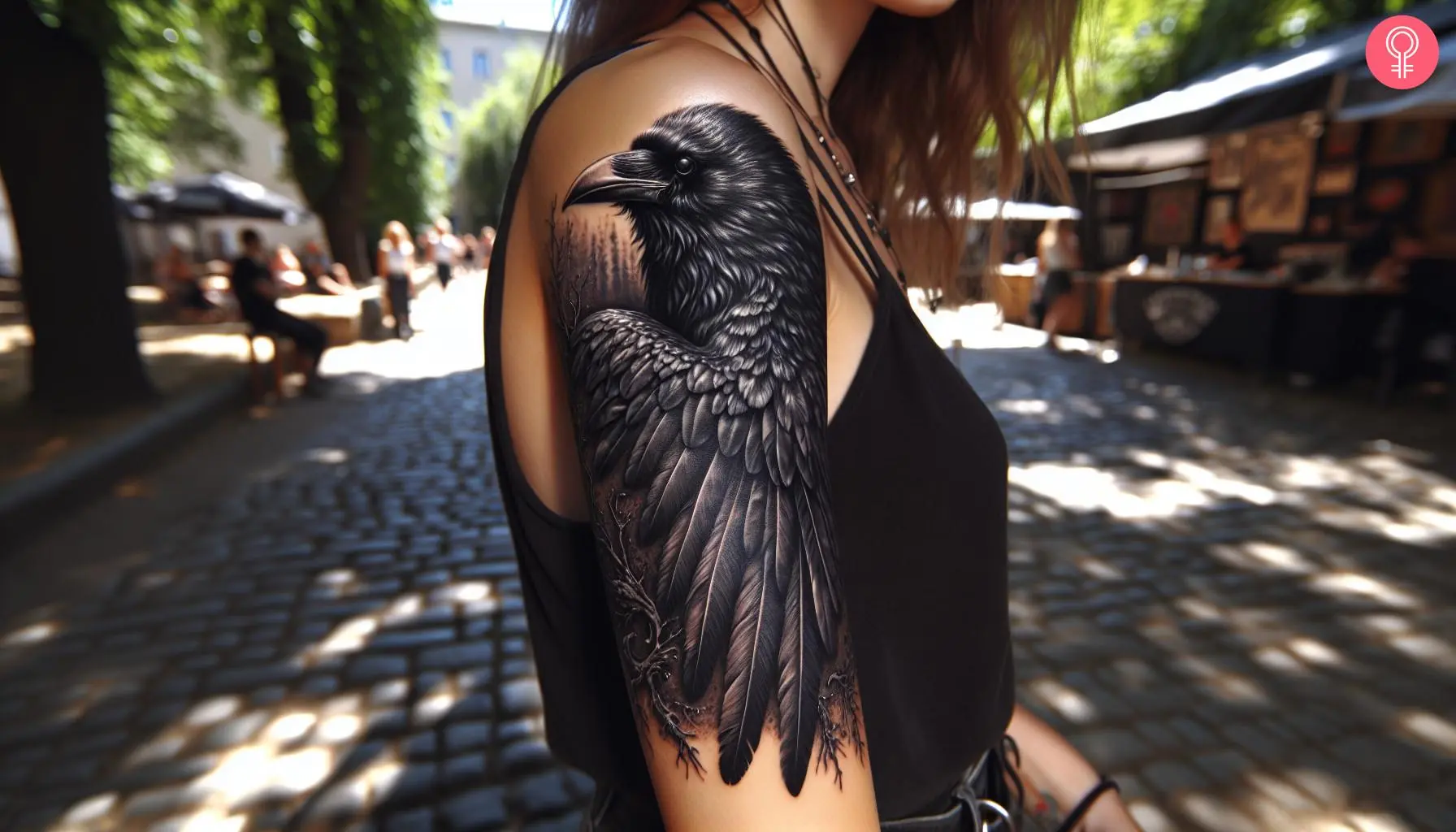 A woman with a realistic crow tattoo using blackwork