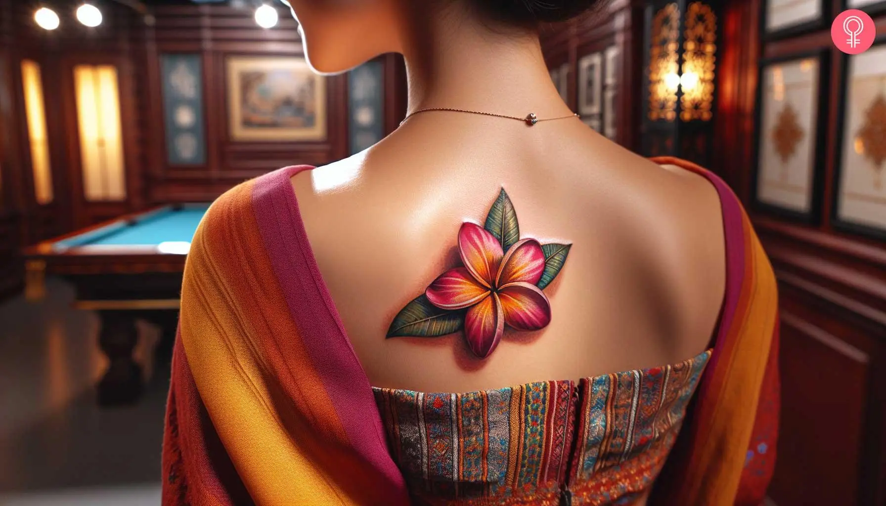 A woman with a realistic frangipani flower tattoo on her upper back