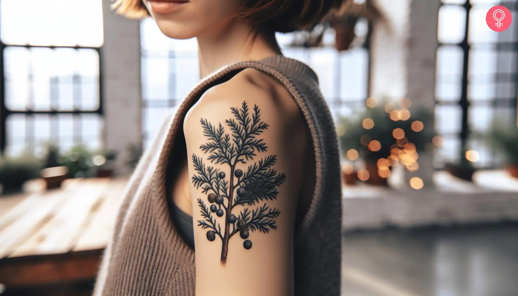 A woman with a realistic juniper branch and berries tattoo on her upper arm