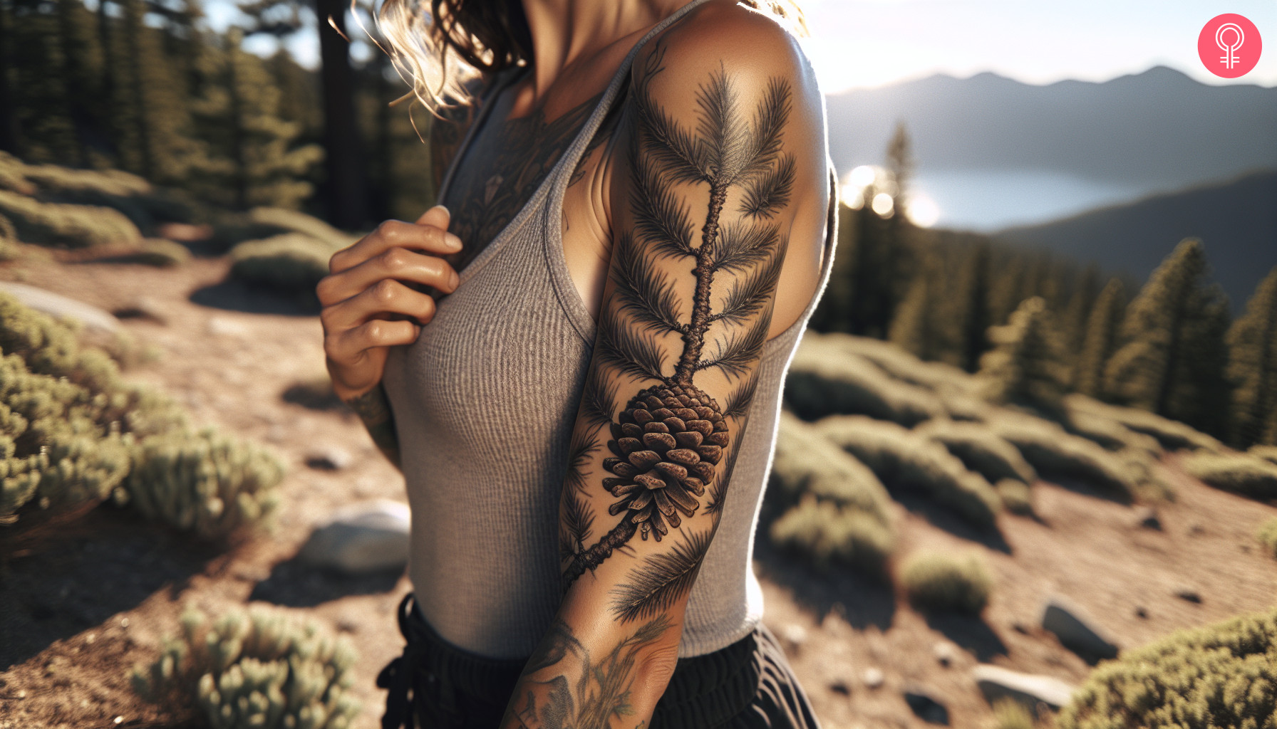 A woman with a realistic pine cone branch tattoo with pine leaves