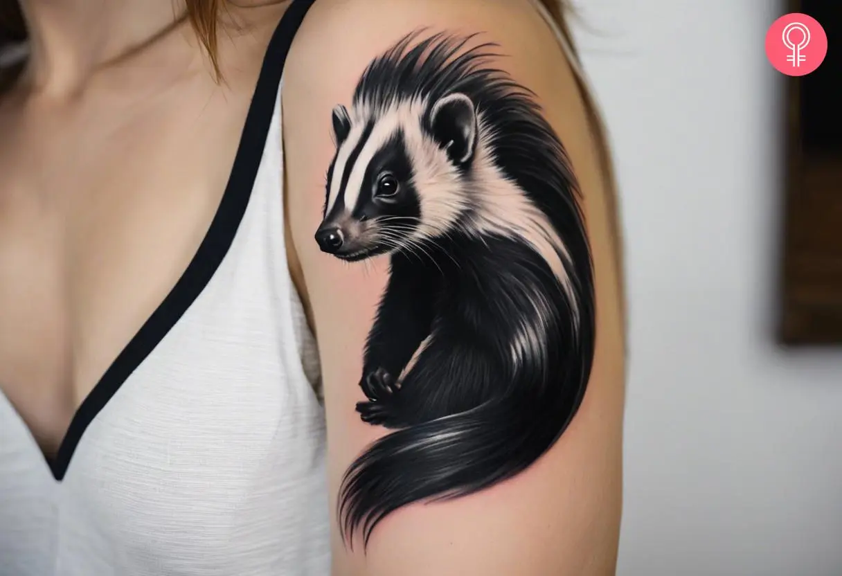 A woman with a realistic skunk tattoo on her bicep