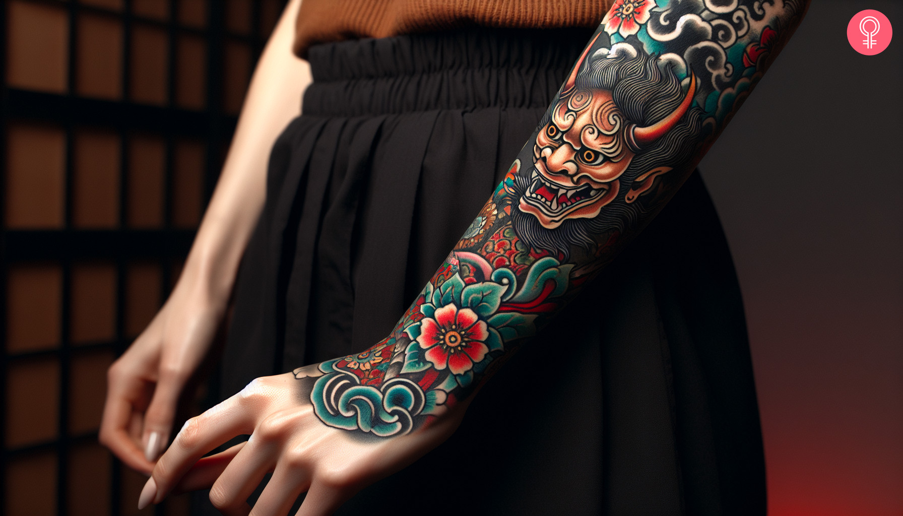 A woman with a realistic-style Japanese oni demon tattoo on her arm