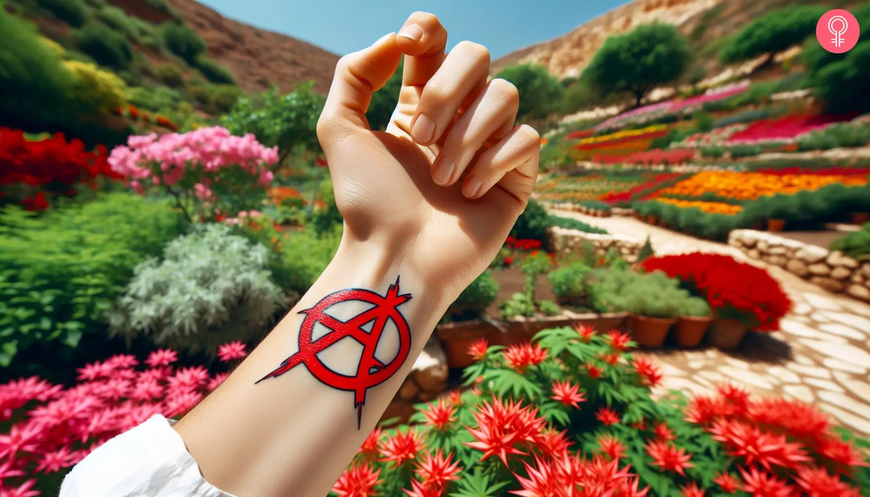 A woman with a red anarchy symbol tattoo on her wrist