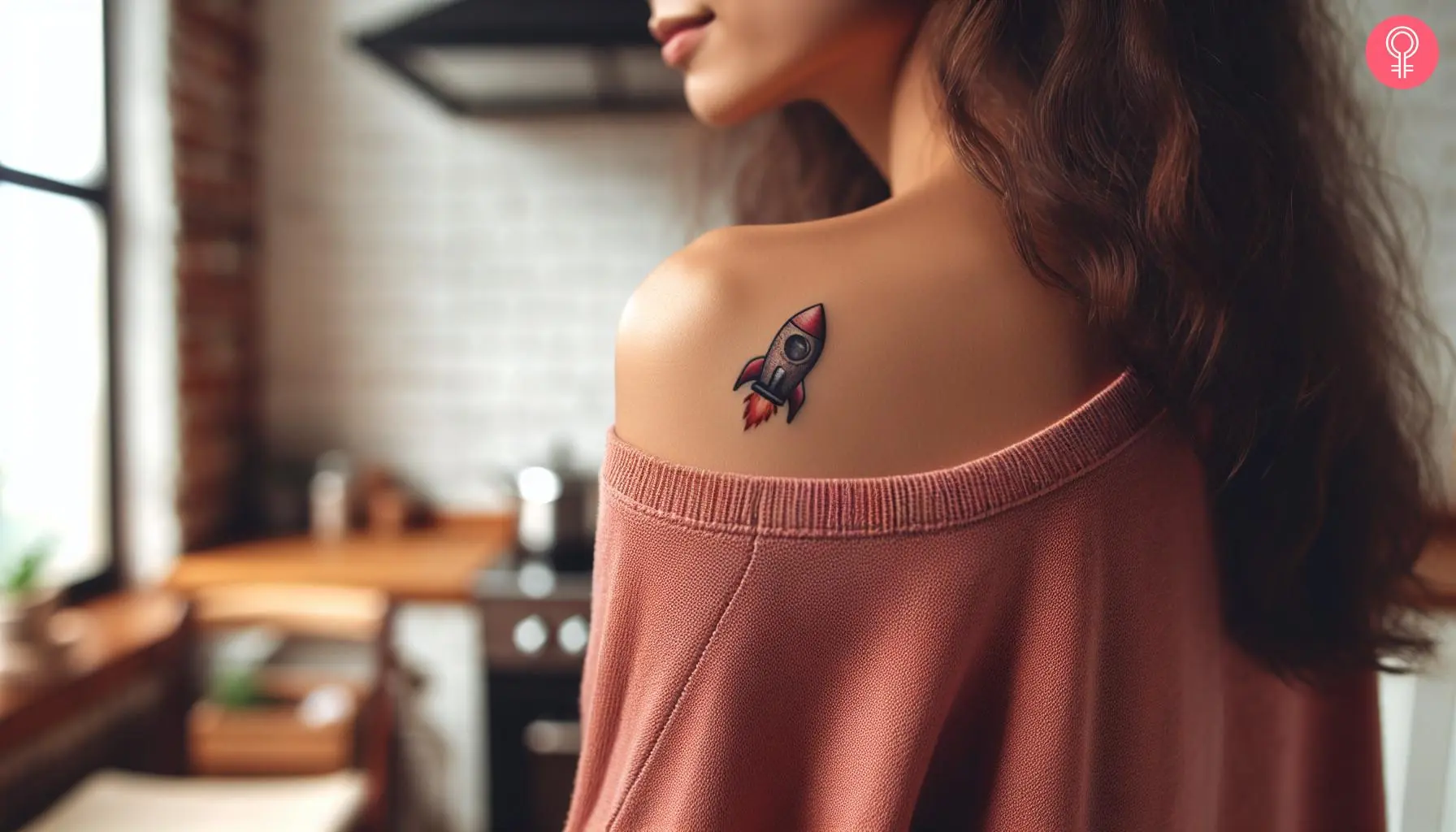 A woman with a rocket tattoo on her shoulder