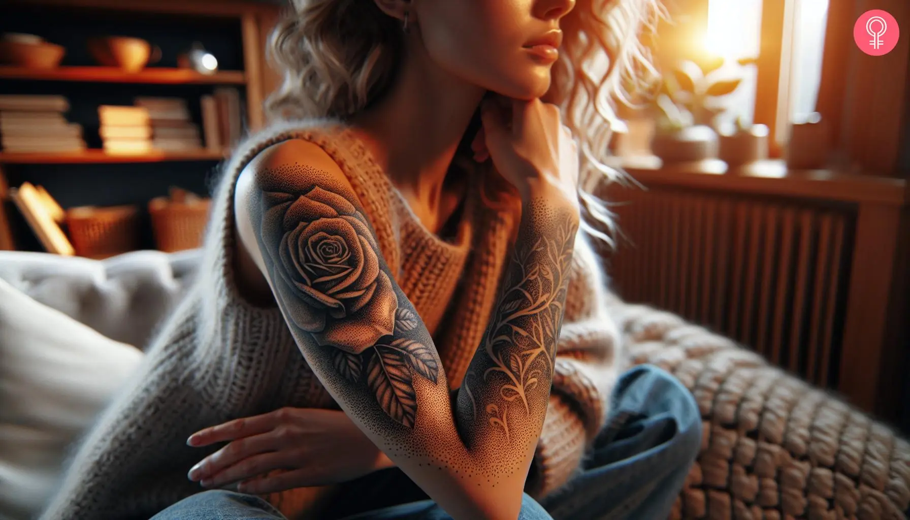 A woman with a rose tattoo on her arm