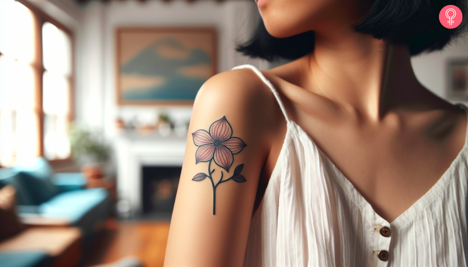 A woman with a simple dogwood flower tattoo on her upper arm