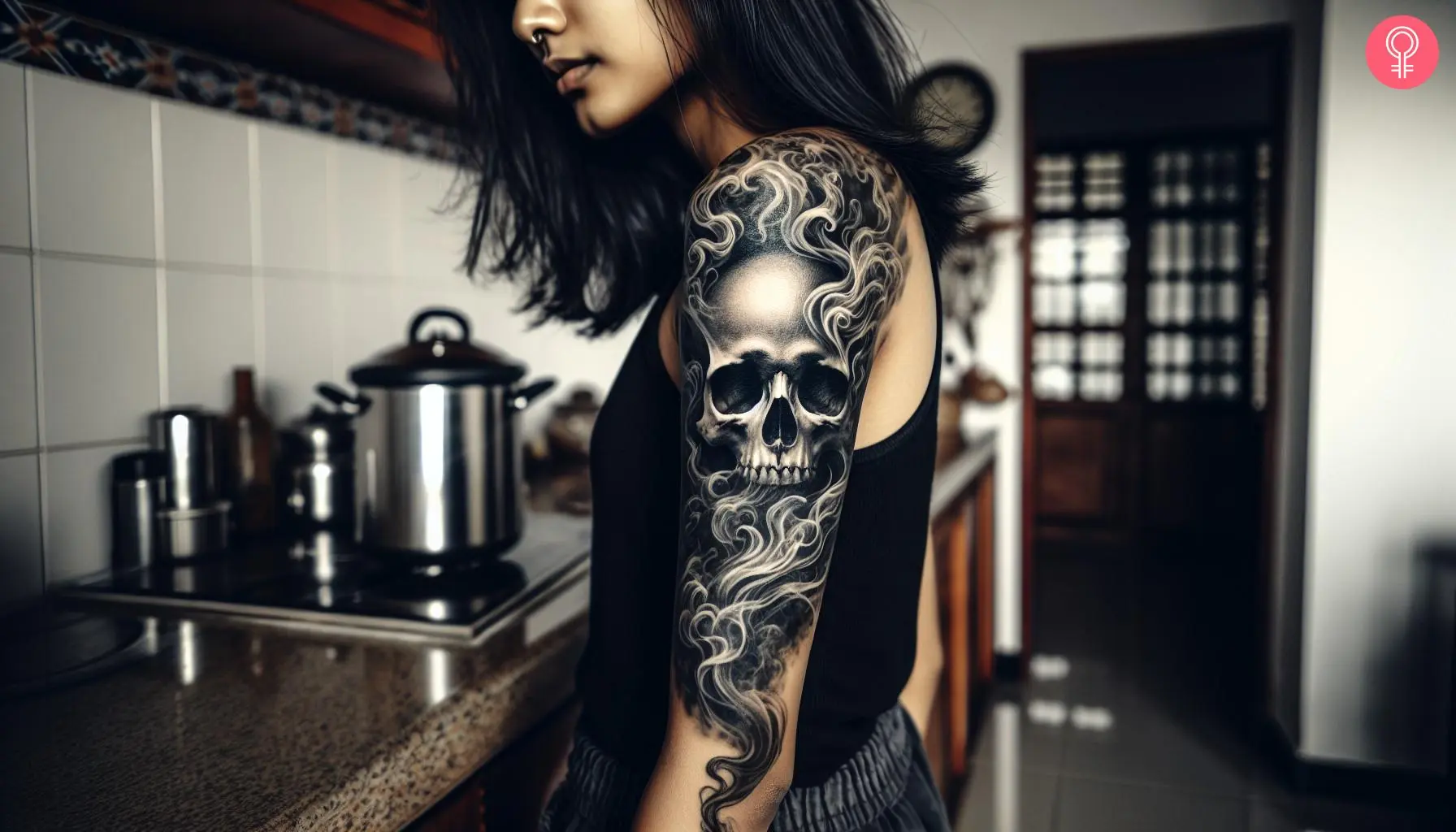 A woman with a skull with smoke tattoo on her arm