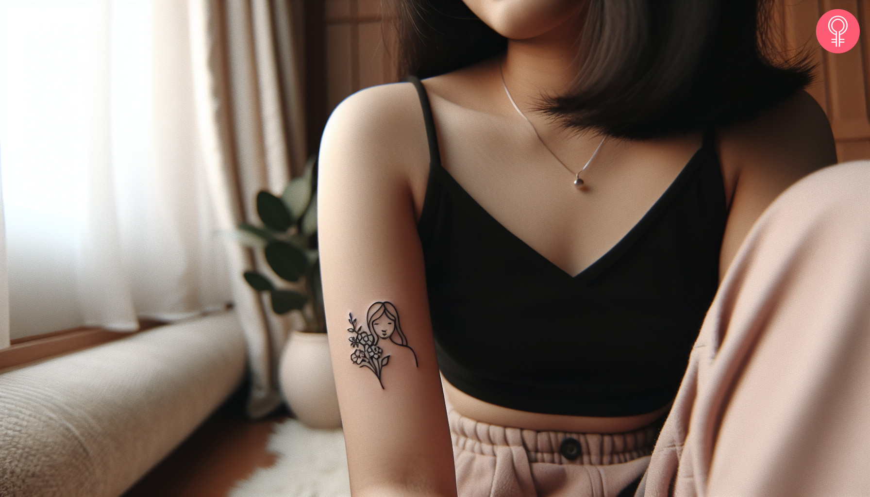 A woman with a small flower head tattoo on upper arm.