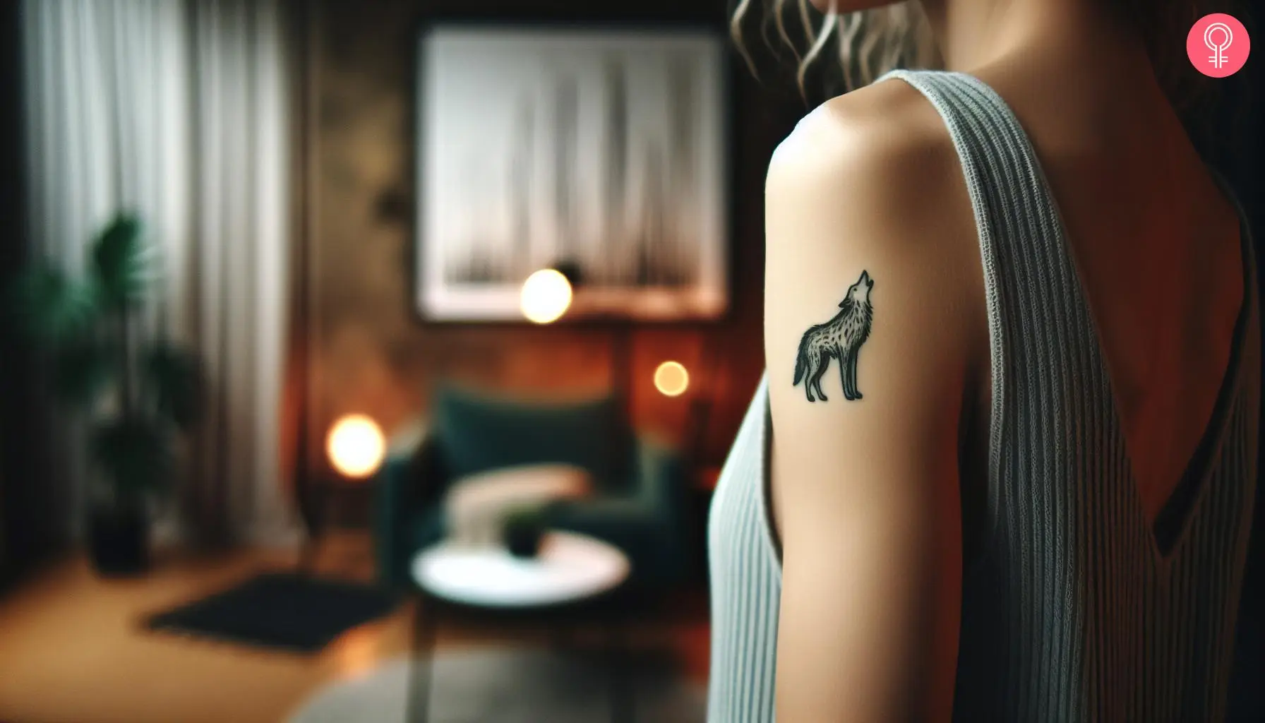 A woman with a small howling wolf tattoo on her upper arm