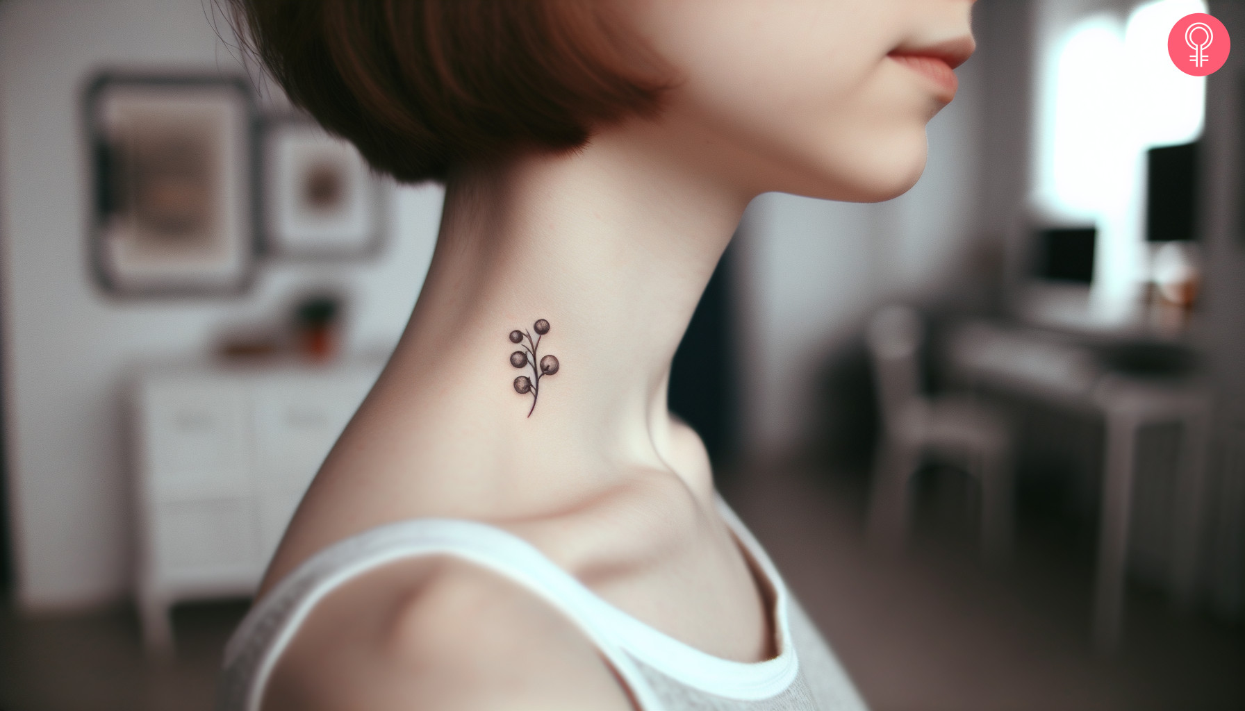 A woman with a small juniper branch and berries tattoo on her neck