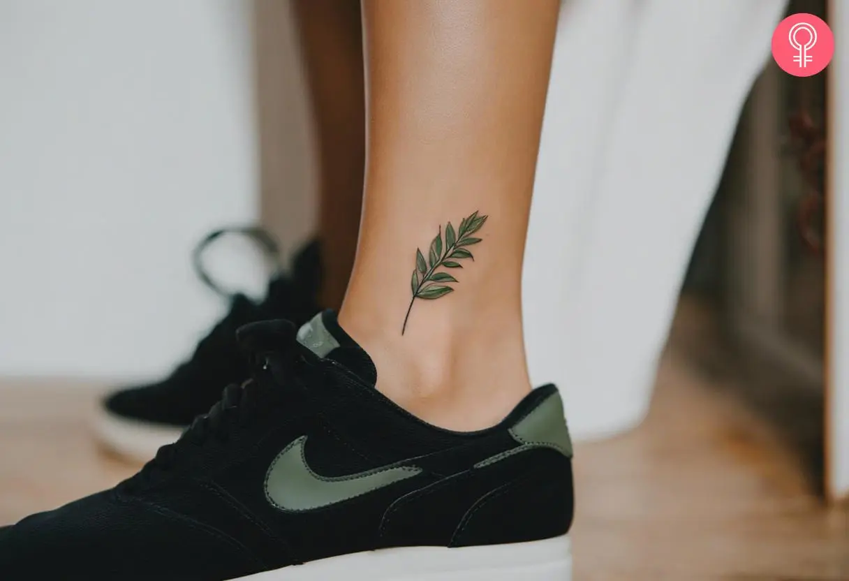 A woman with a small sage tattoo on her ankle