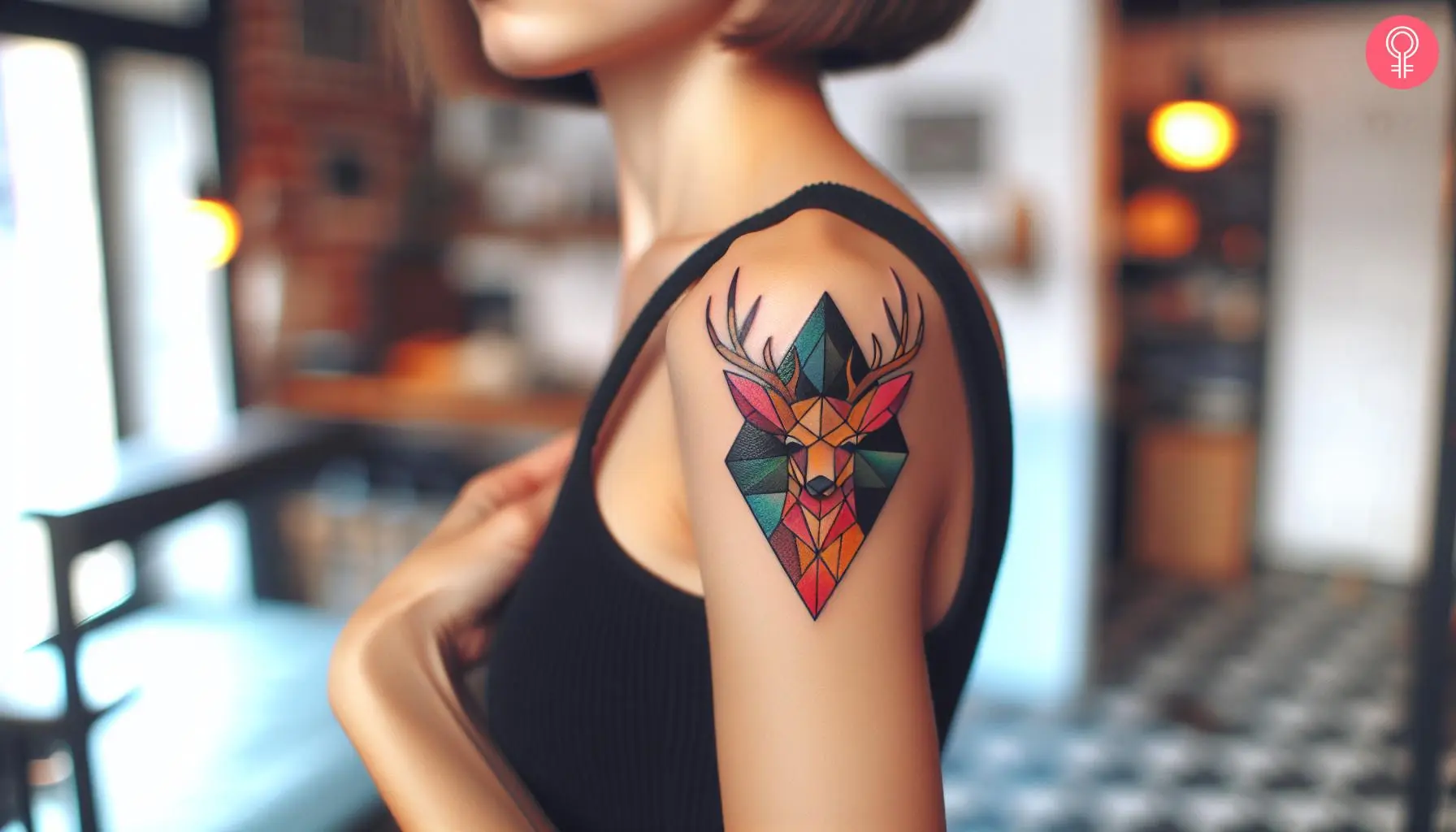 A woman with a small, vibrant contemporary deer tattoo on her upper arm