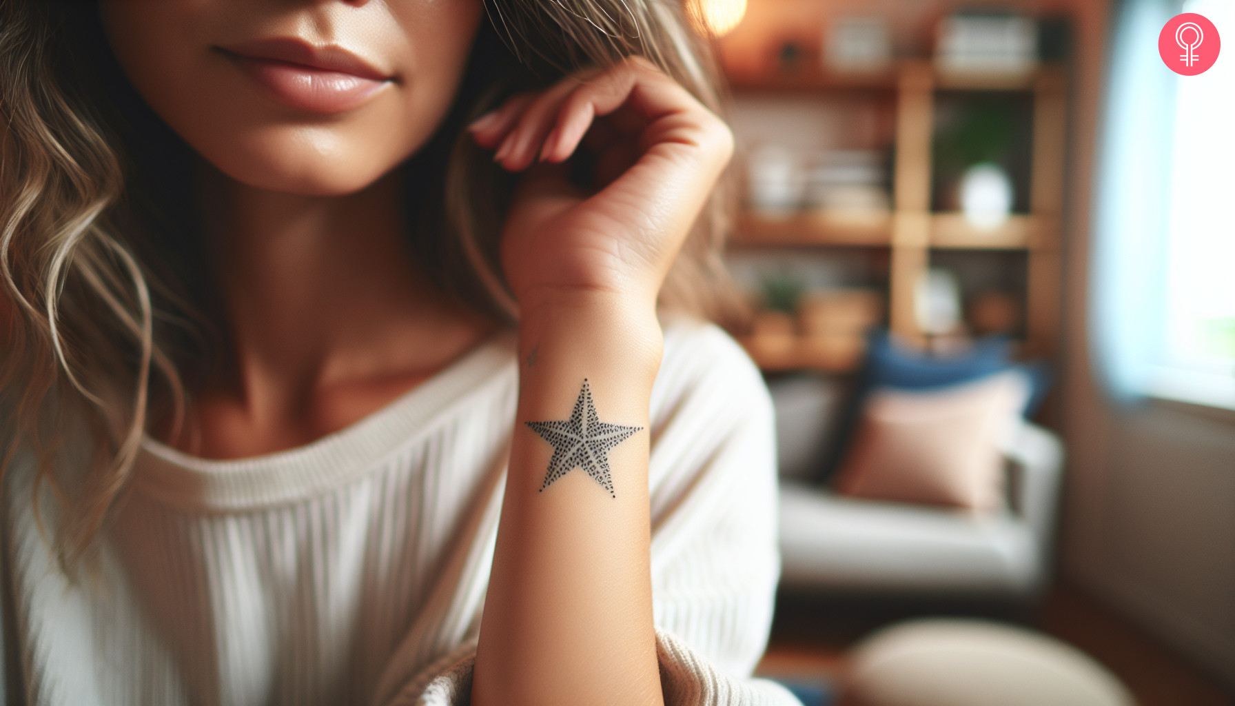 A woman with a starfish tattoo on her forearm