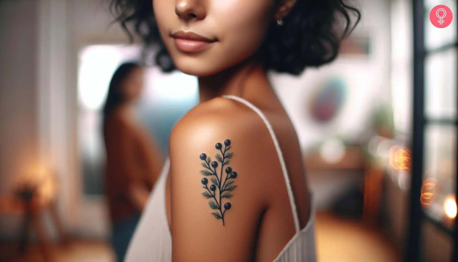 A woman with a subtle and small juniper branch and berries tattoo on her upper arm