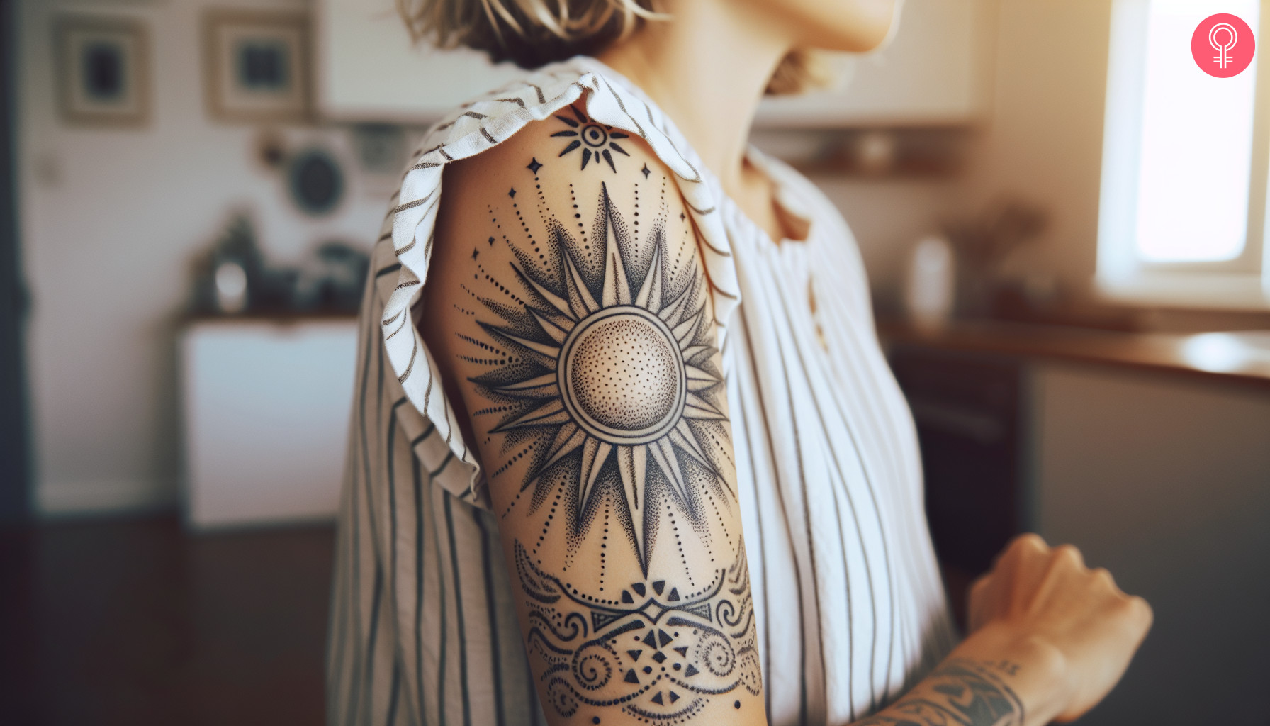 A woman with a sun tattoo on her arm