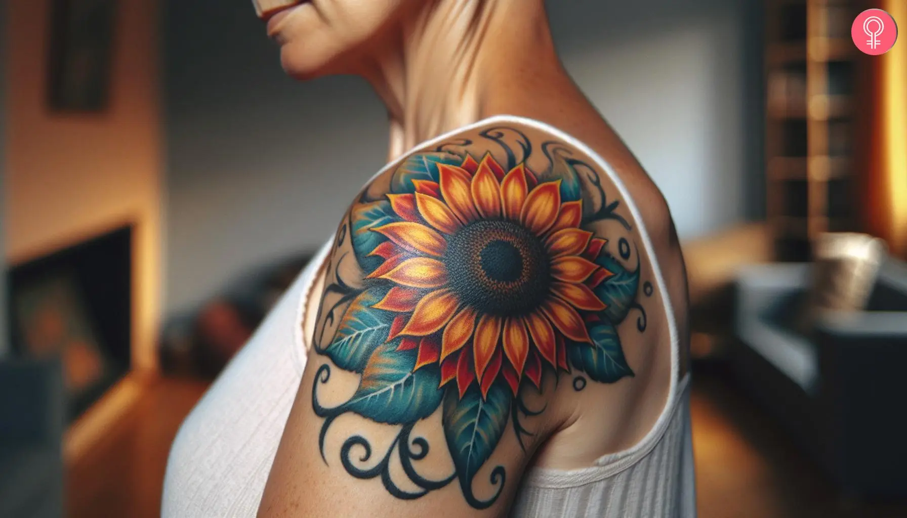 A woman with a sunflower shoulder cap tattoo