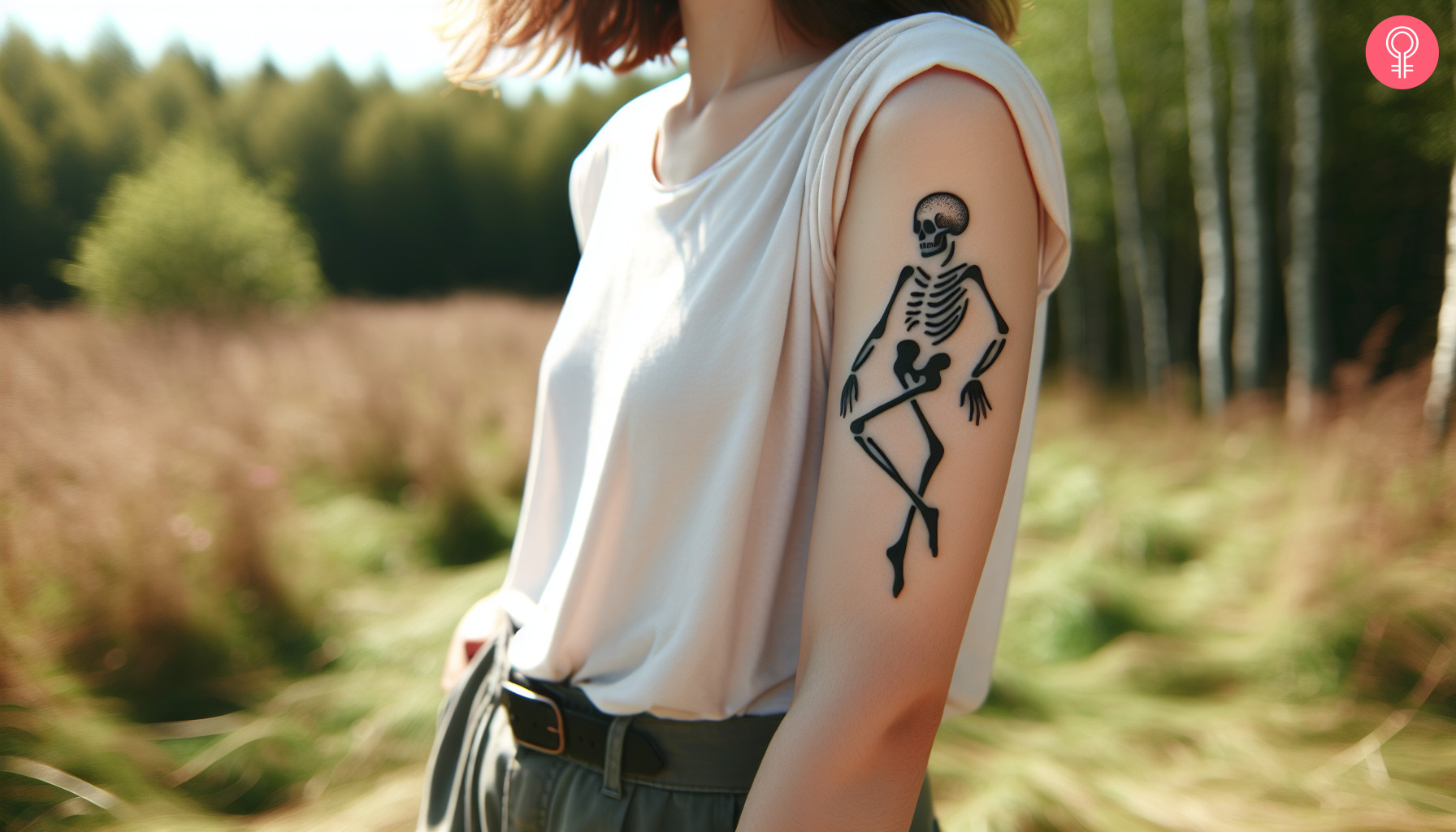 A woman with a tattoo of a black skeleton doing a dance step