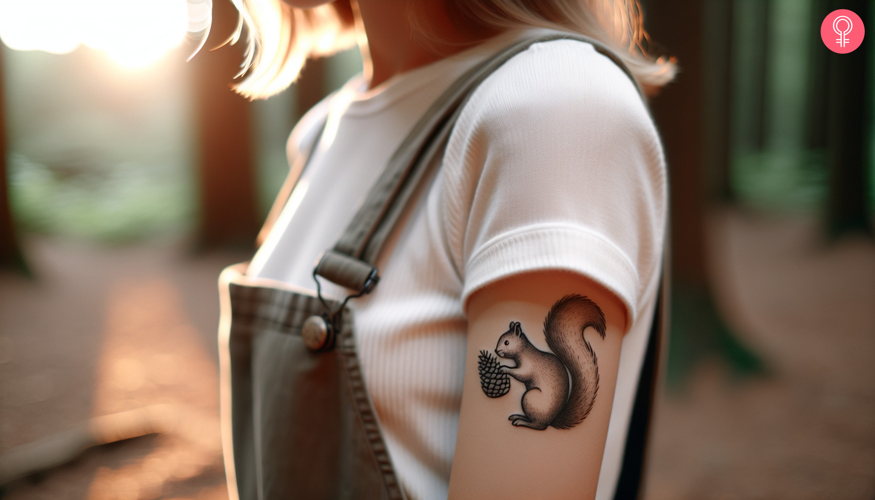 A woman with a tattoo of a squirrel holding a pine cone on the arm