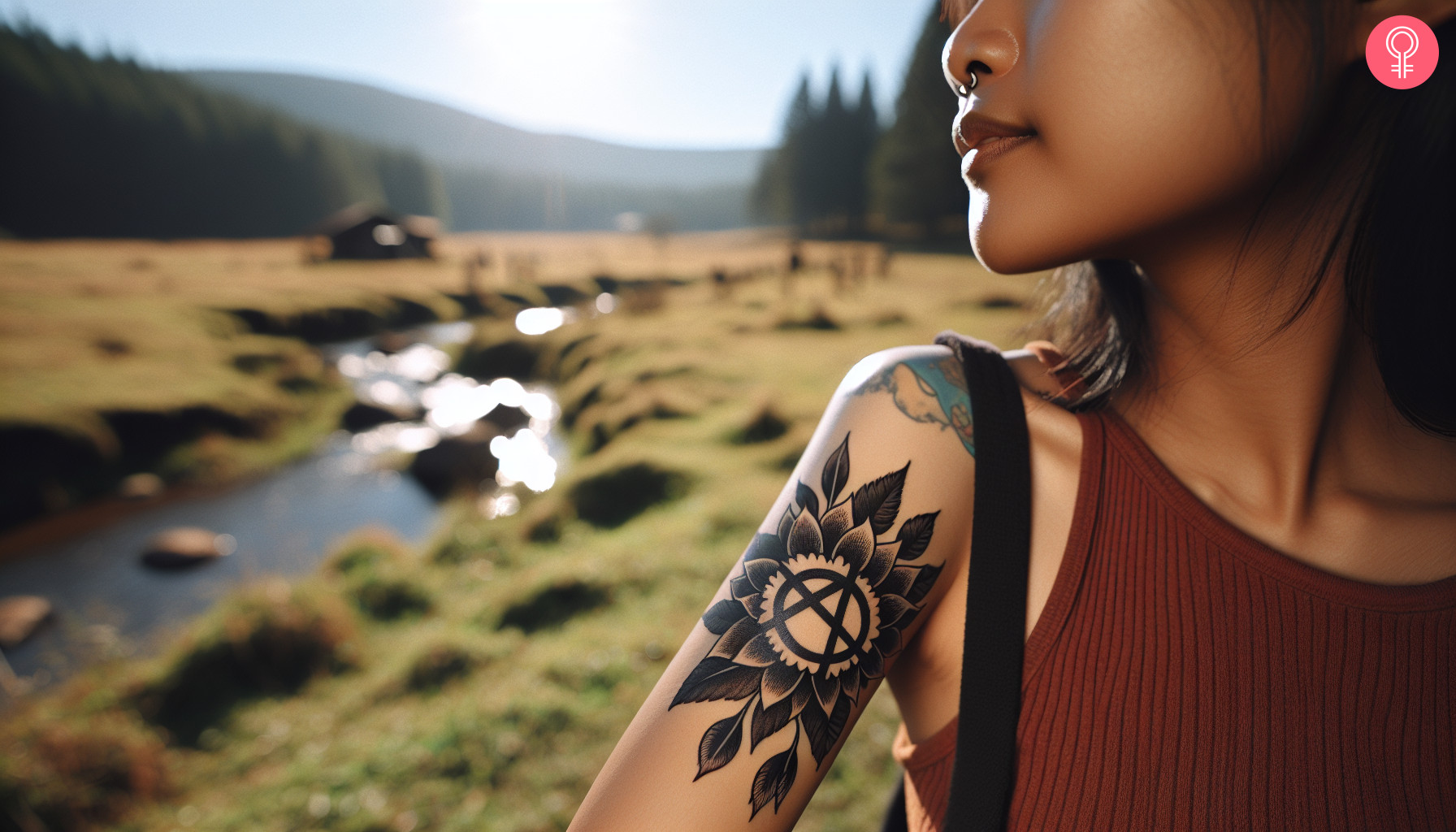 A woman with a tattoo of sunflower with an anarchy symbol on her arm