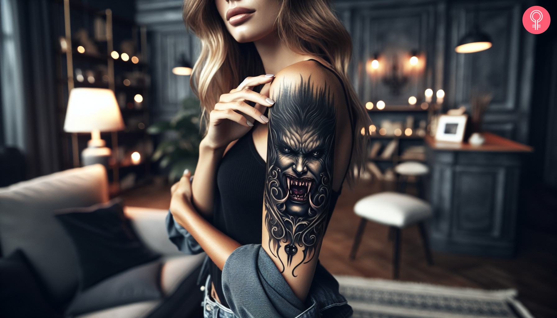 A woman with a terrifying vampire tattoo