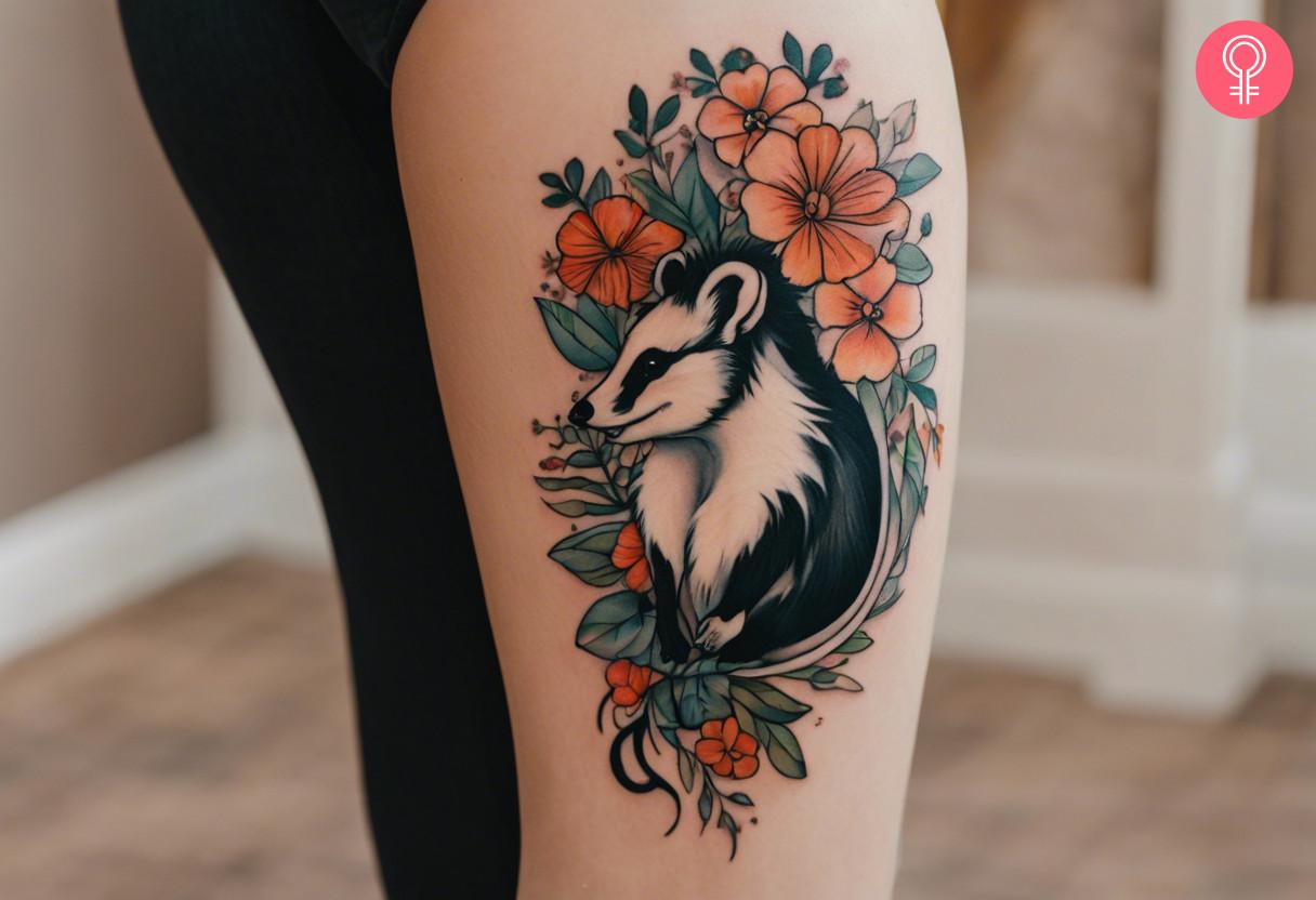 A woman with a thigh tattoo of Flower, the skunk