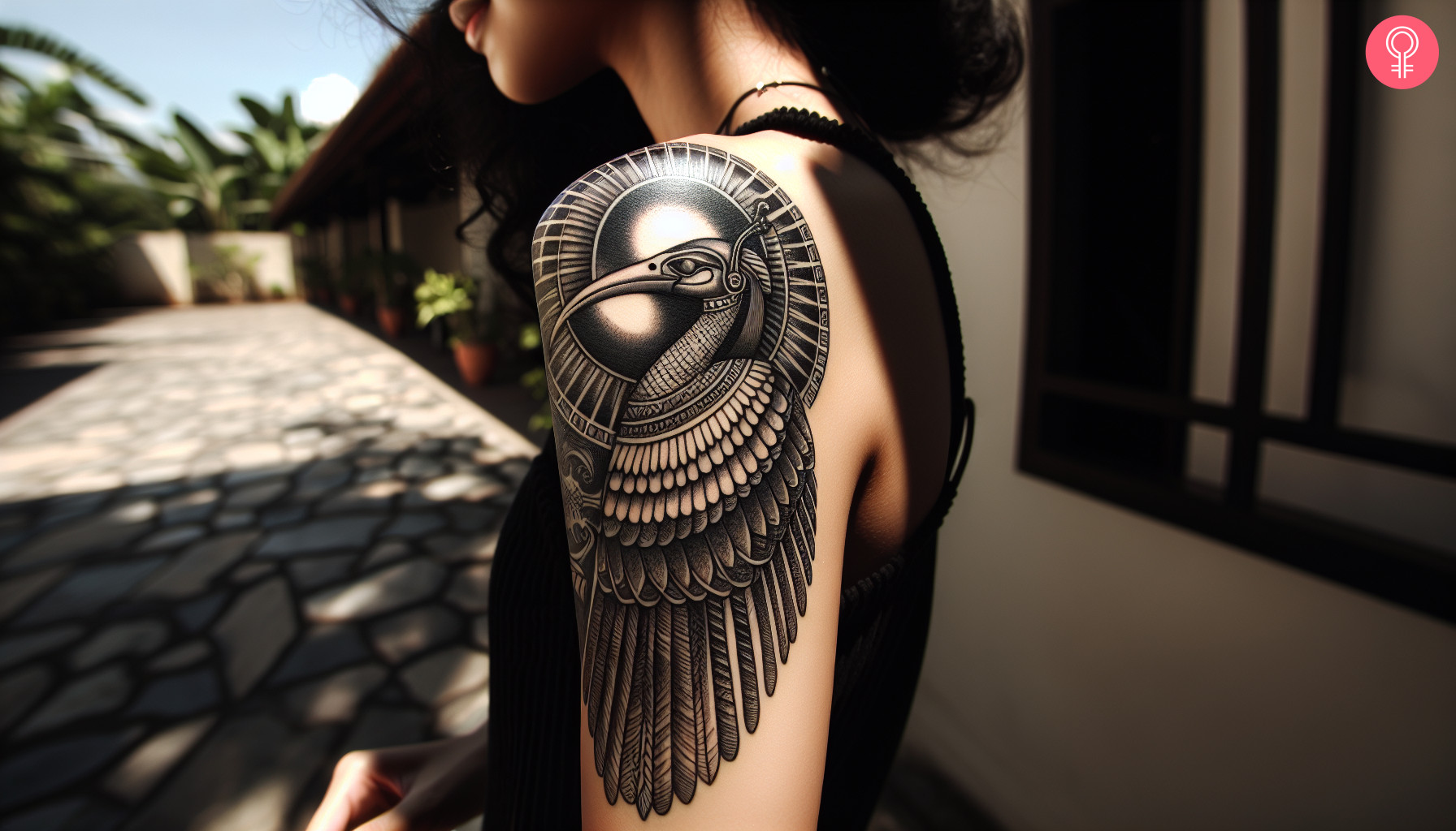 A woman with a thoth symbol tattoo on her upper arm