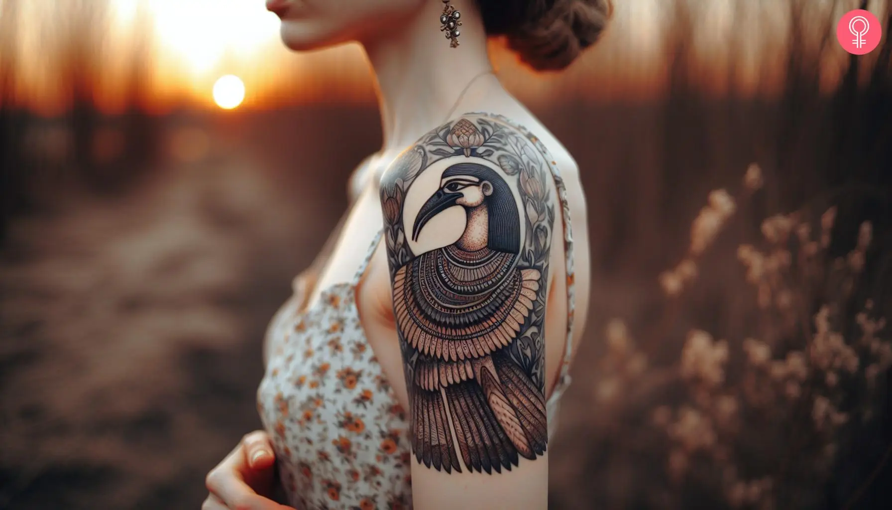 A woman with a traditional Thoth tattoo on her upper arm