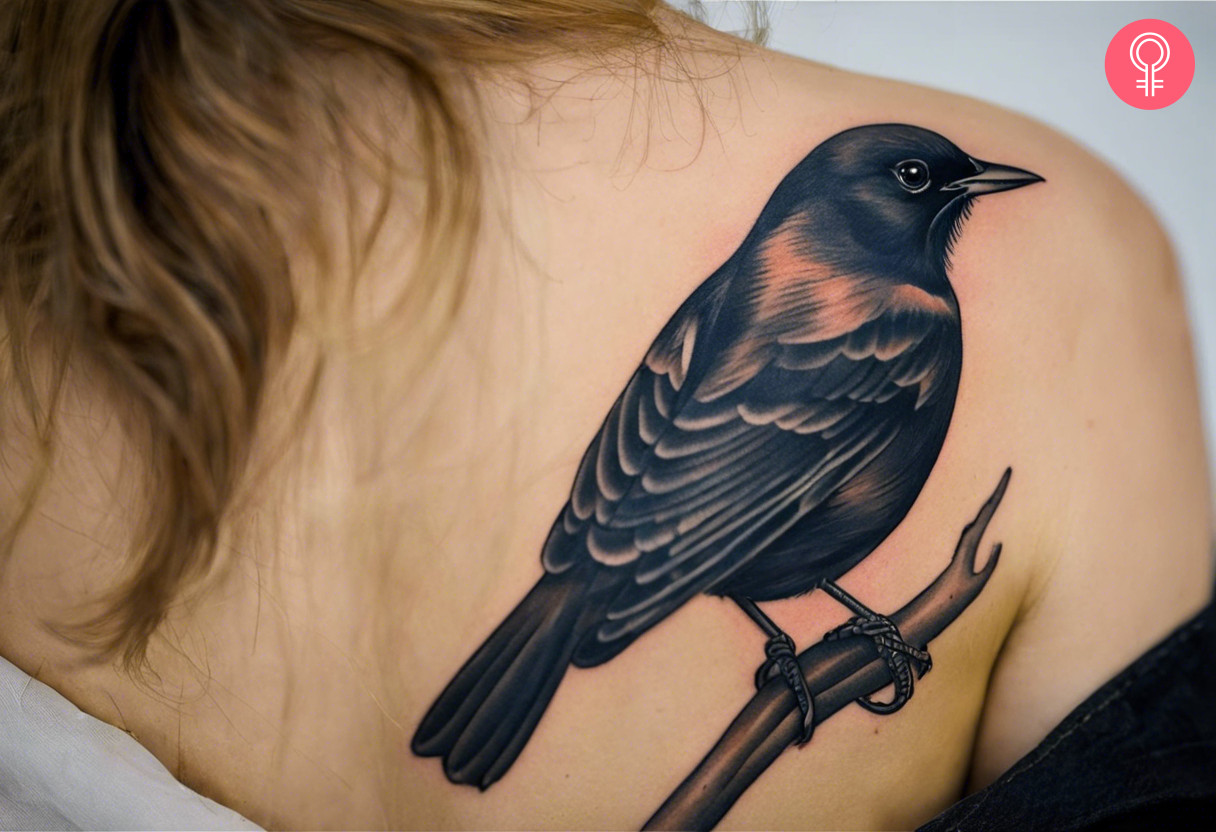 A woman with a traditional blackbird tattoo on her shoulder