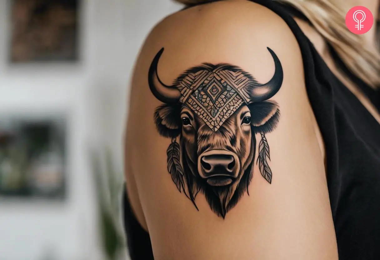 A woman with a traditional buffalo head tattoo on her upper arm