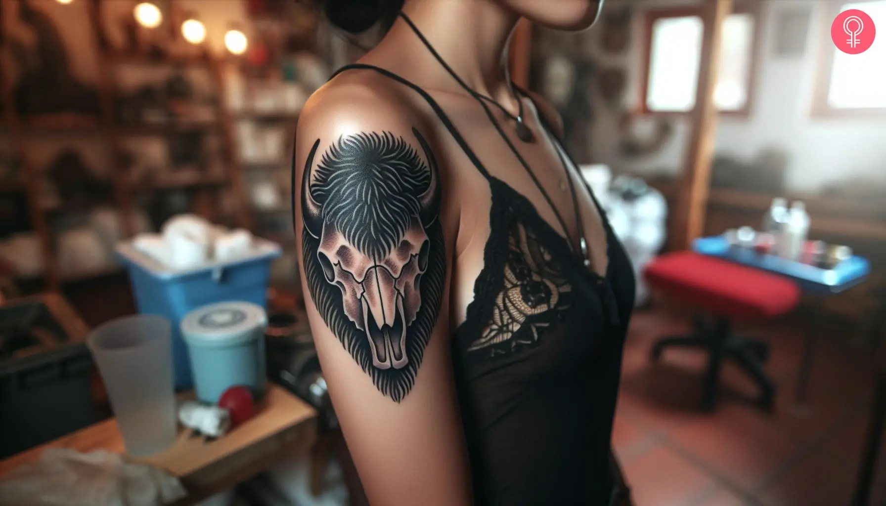 A woman with a traditional buffalo skull tattoo on her upper arm